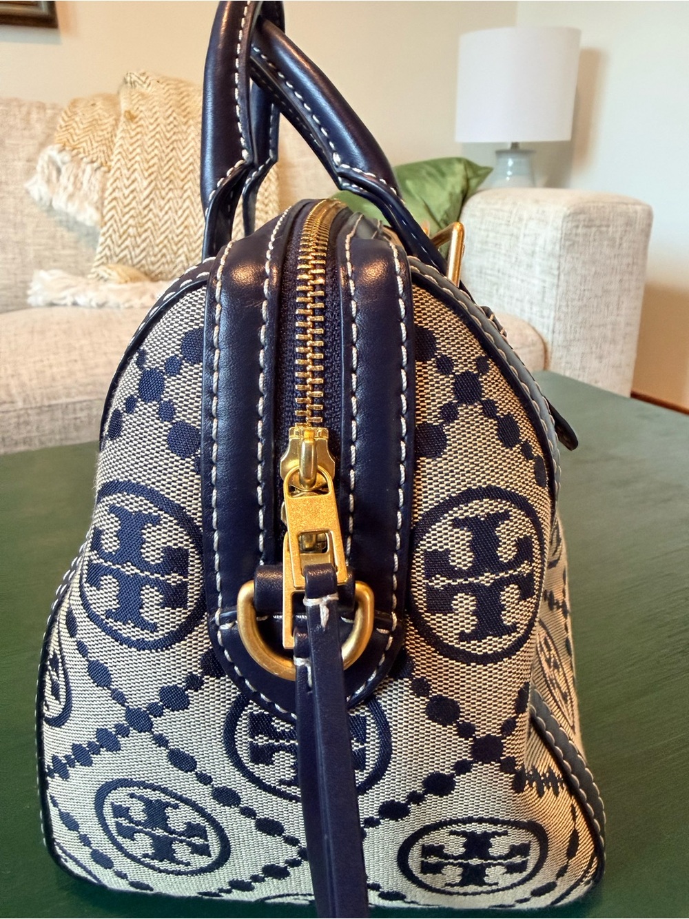 Authentic Tory Burch T Logo Navy and Cream Canvas Satchel with strap. Medium - Picture 5 of 14